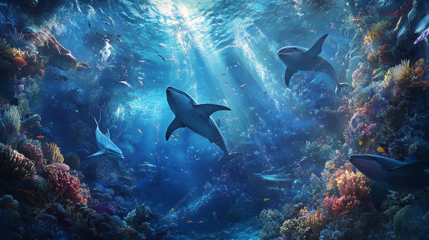 梦幻海底鲨鱼群游景象