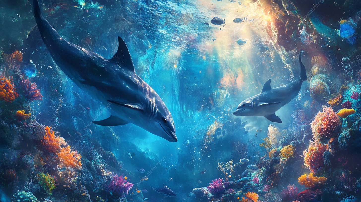 梦幻海底海豚共游景象