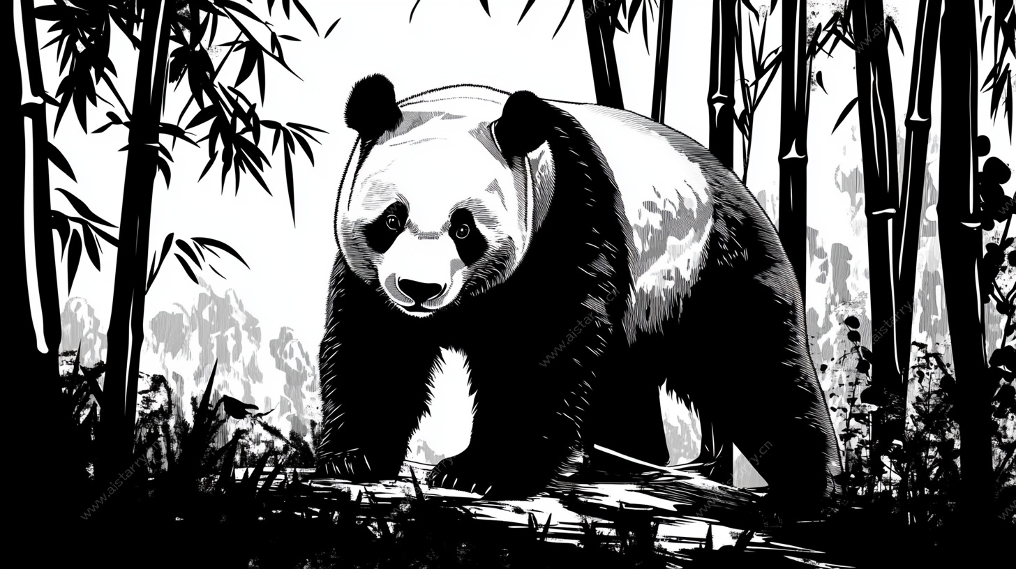 竹林中的熊猫剪影