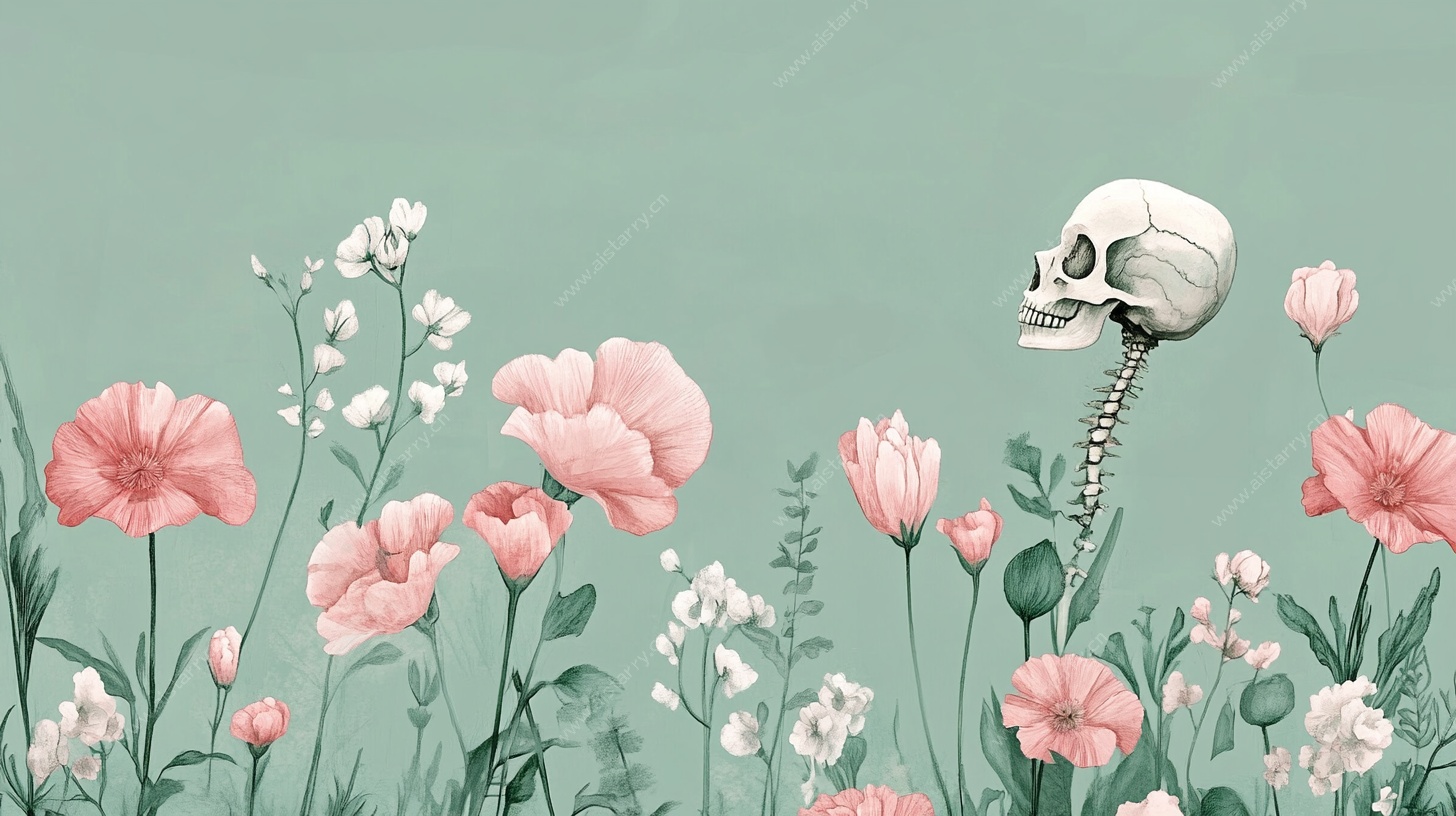 骷髅绽于花丛间