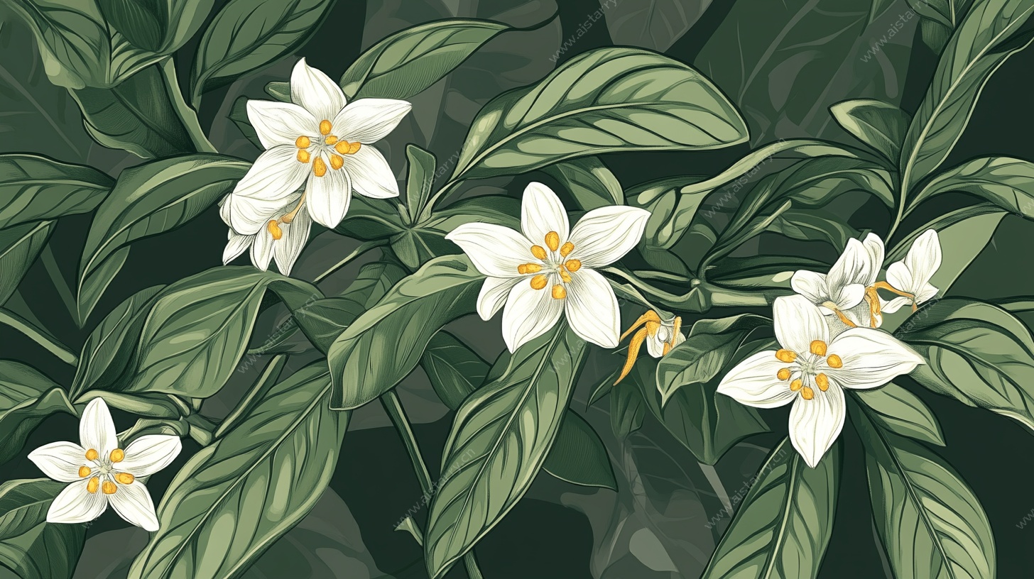 清新白花朵与绿叶插画