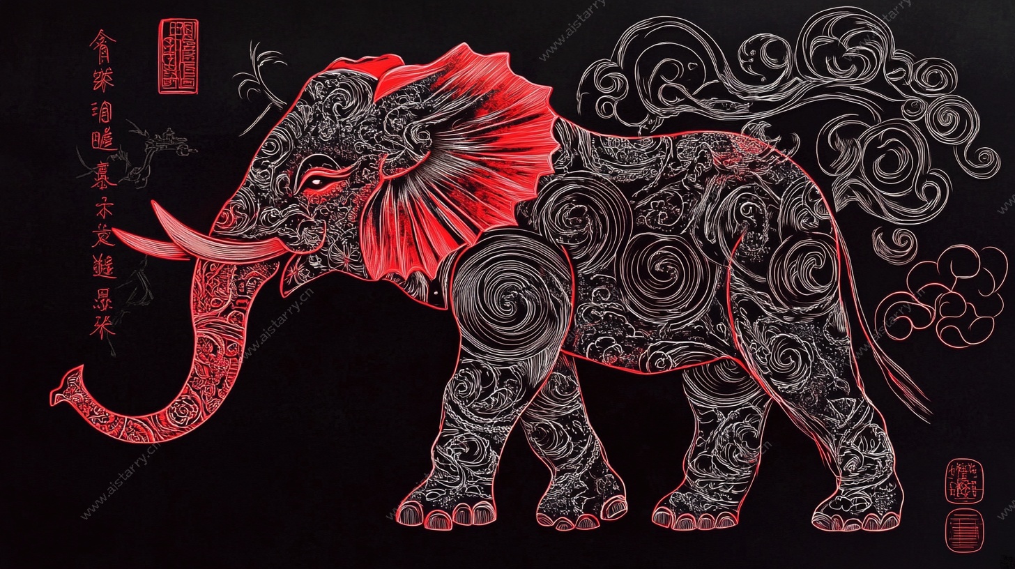 中式大象祥瑞图腾插画