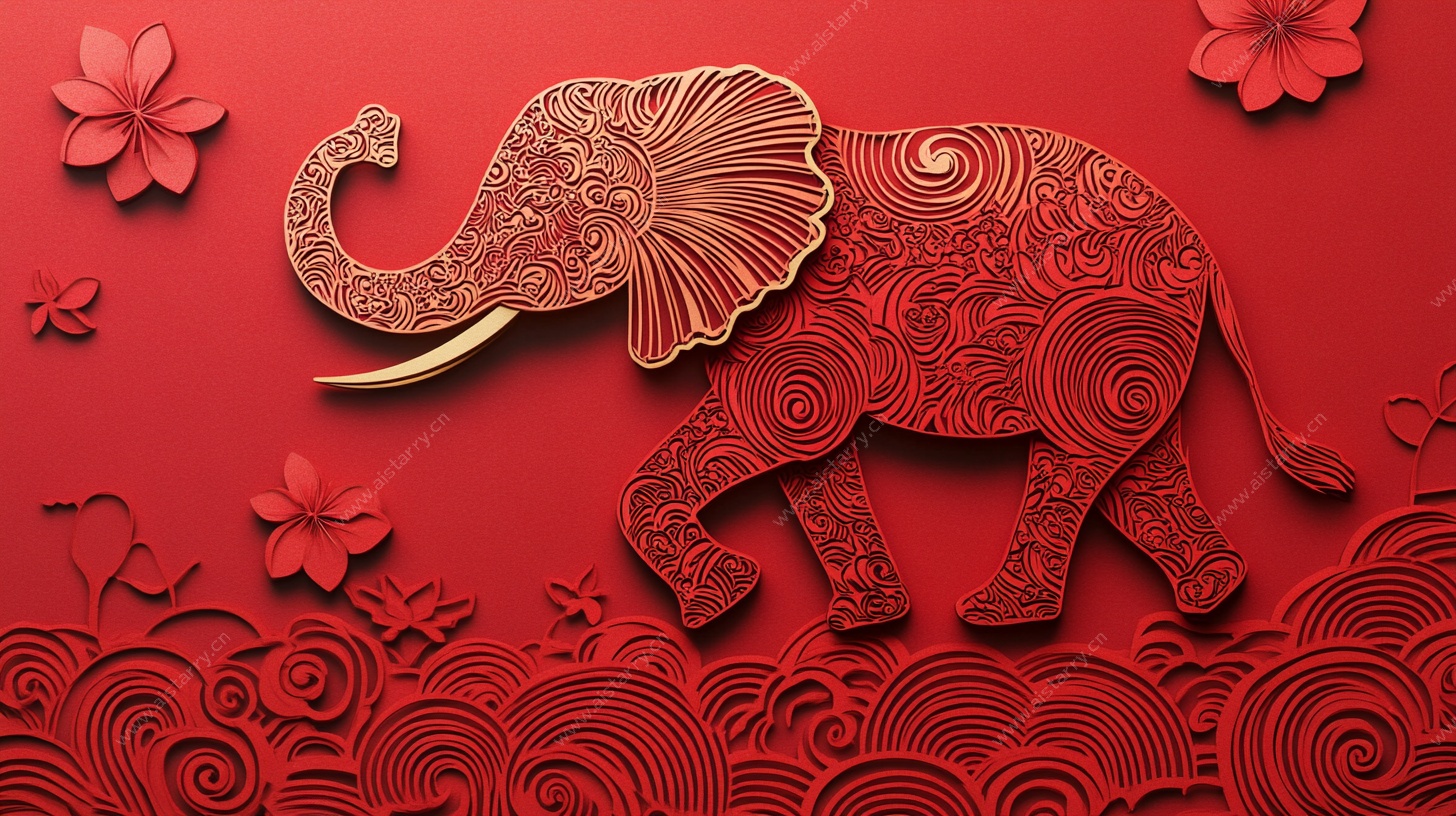 红色剪纸风大象装饰图案