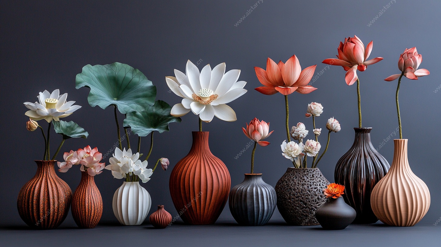 中式花瓶插荷花艺术摆饰