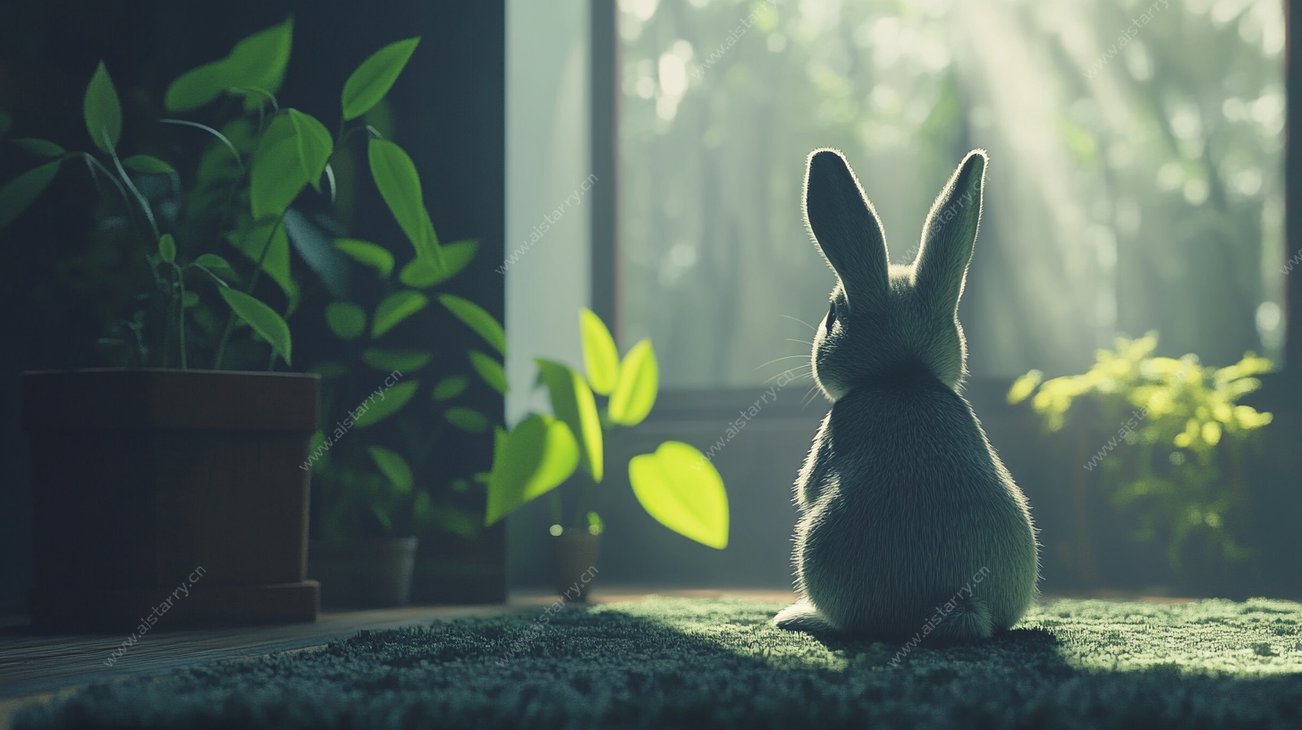窗边小兔沐浴阳光