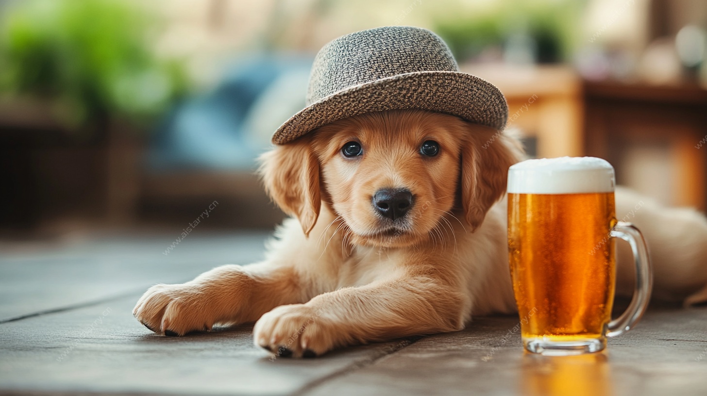 戴帽萌犬与啤酒杯