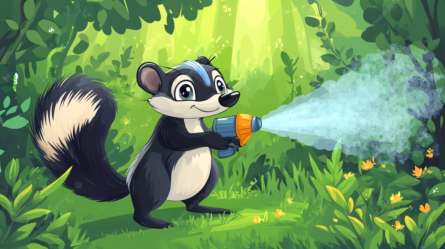 臭鼬手持喷雾在森林中