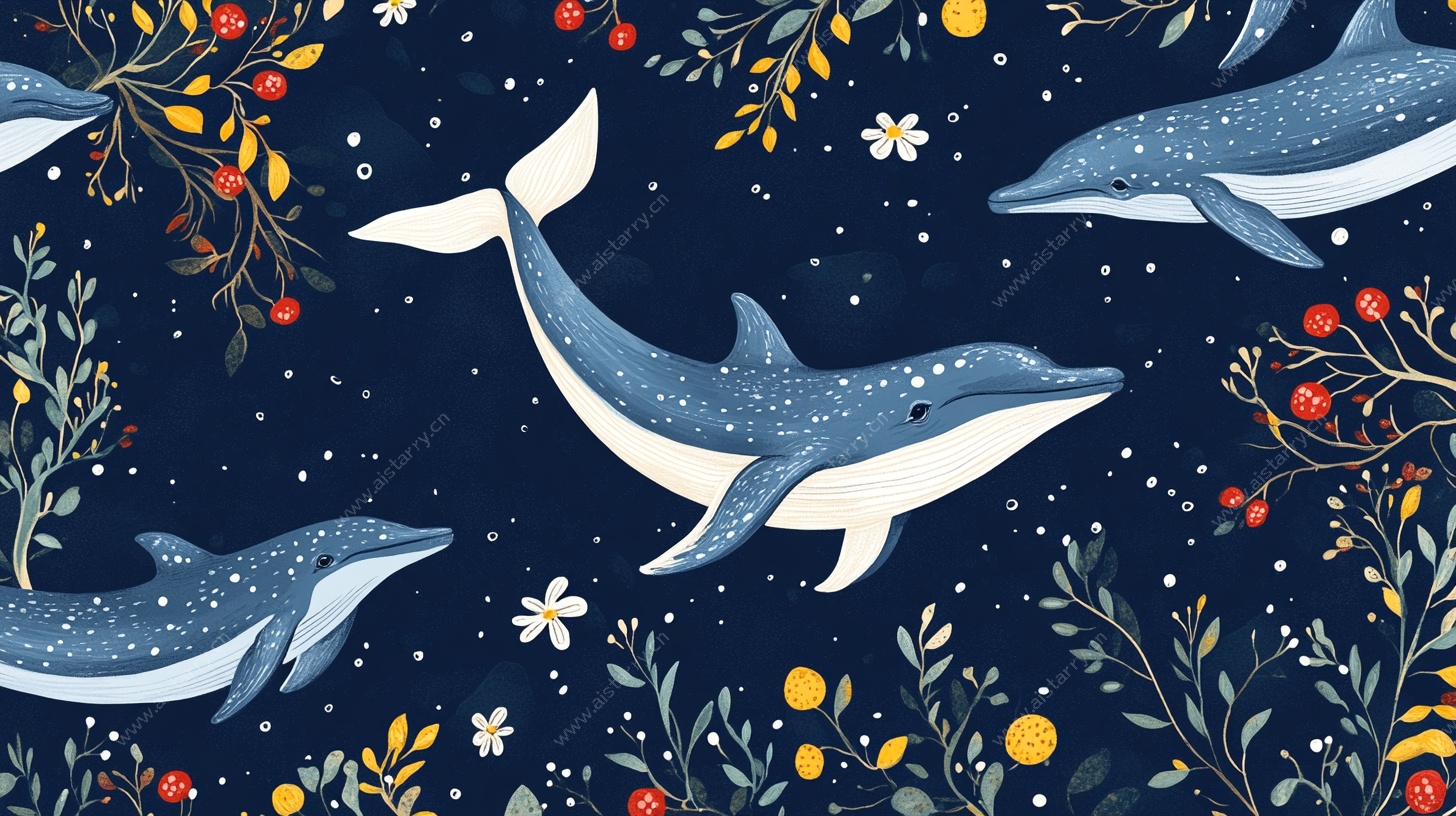 梦幻海洋鲸鱼花卉插画