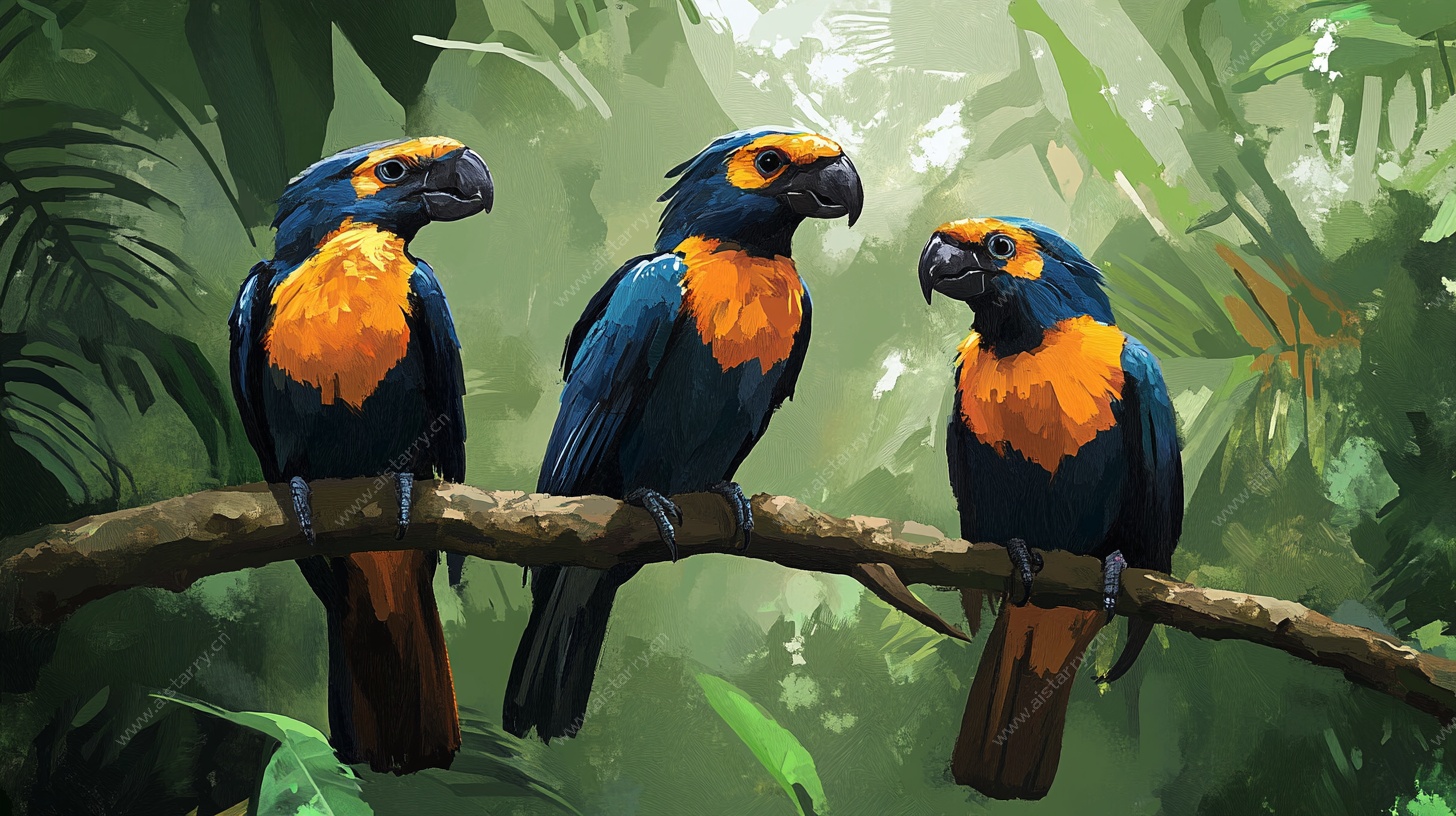 三只鹦鹉栖于枝头