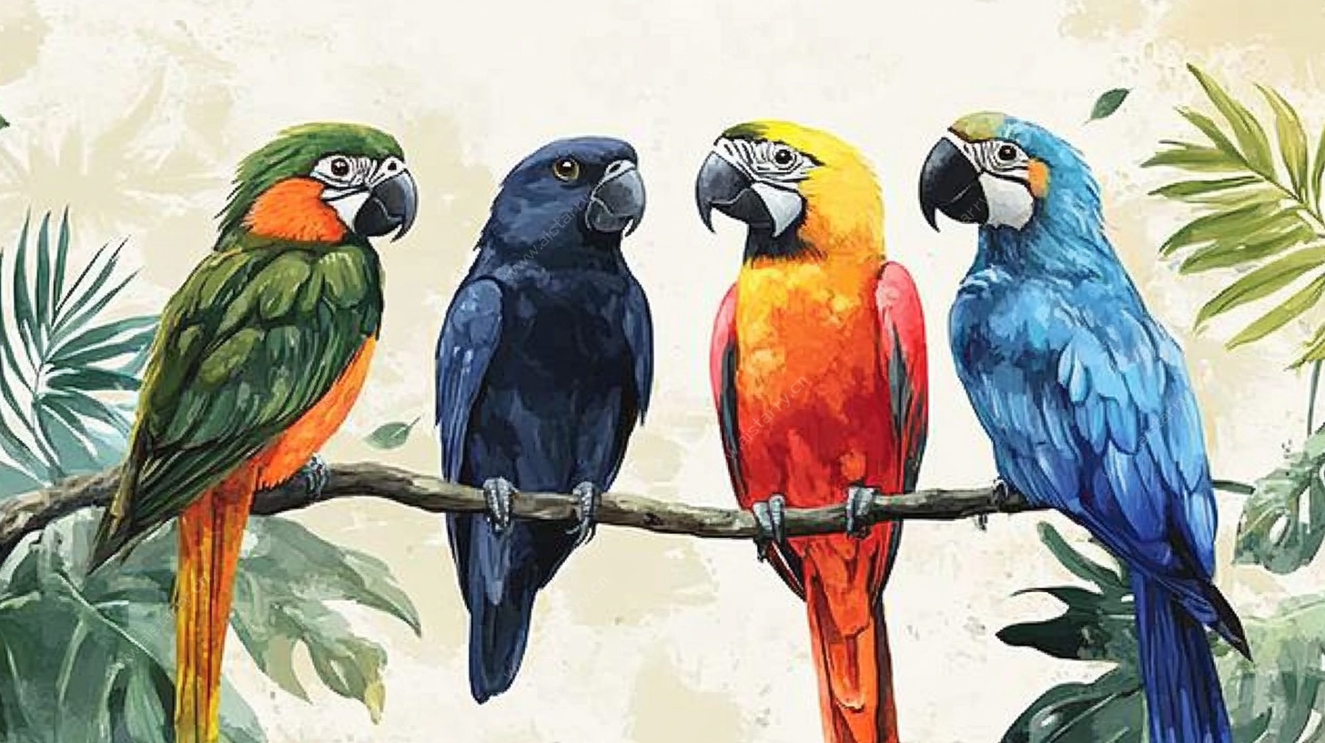 枝头多彩鹦鹉水彩画