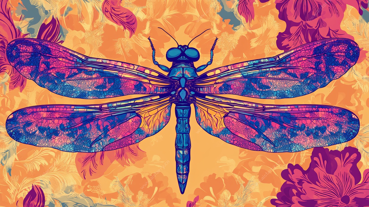 梦幻色彩蜻蜓花卉插画