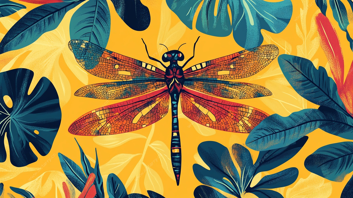 蜻蜓与热带植物图案设计