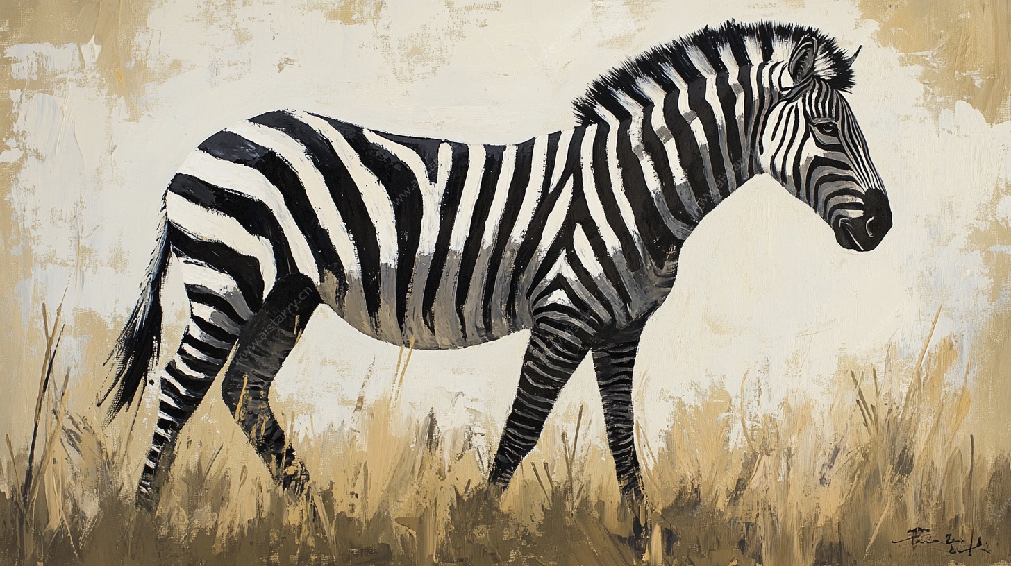 斑马漫步草原油画