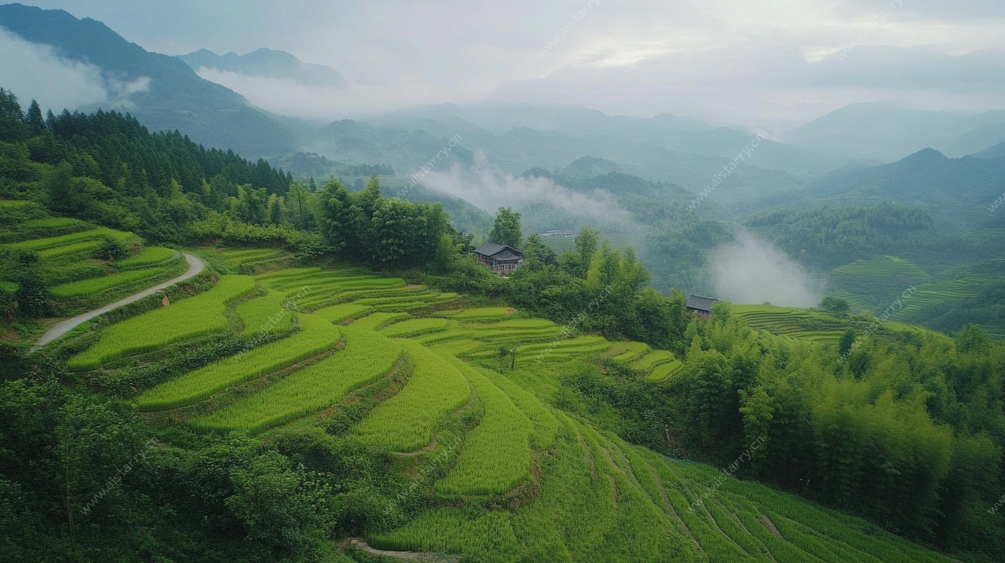 云雾缭绕的山间梯田美景