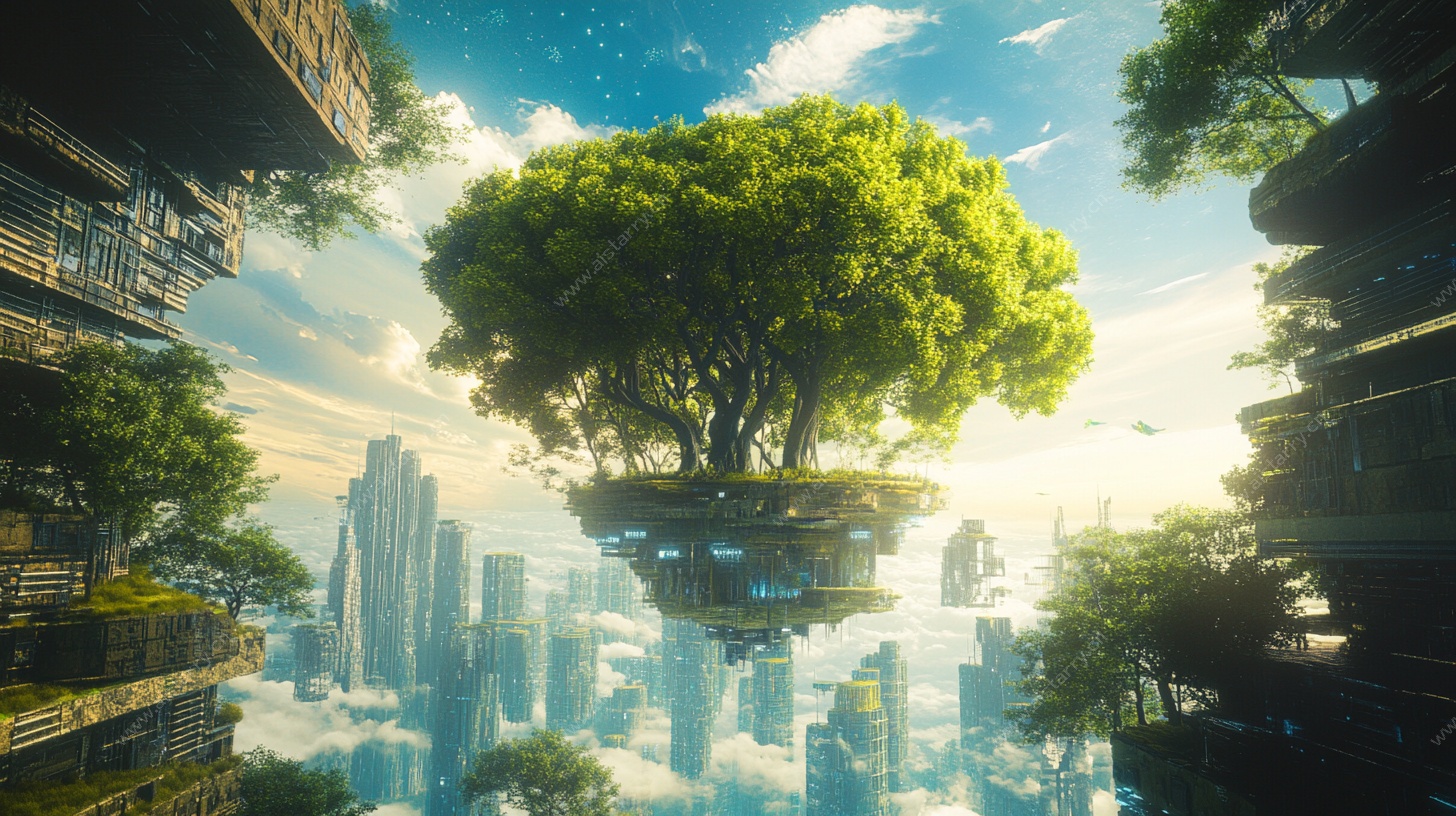 悬浮巨树的未来都市景观