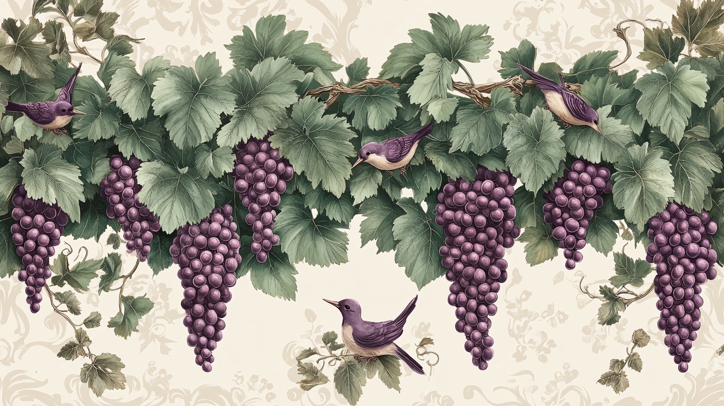 葡萄藤蔓上的雀鸟图案