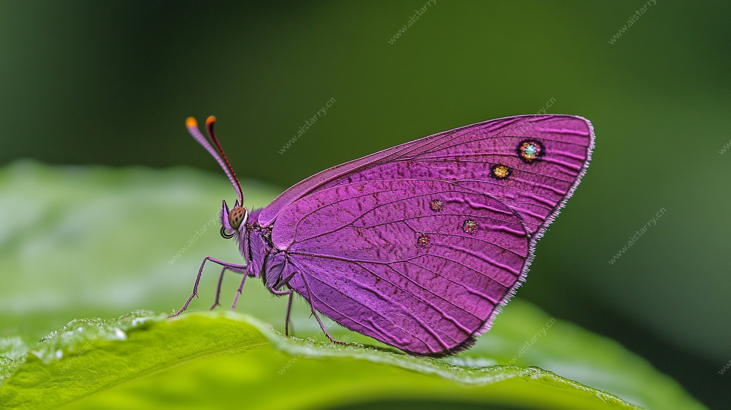 紫色蝴蝶静栖绿叶上
