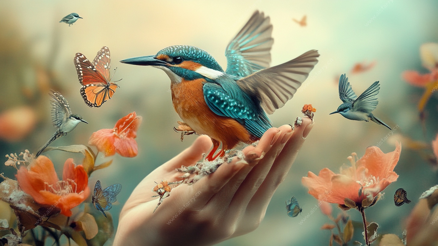 手托翠鸟与蝶的梦幻图景