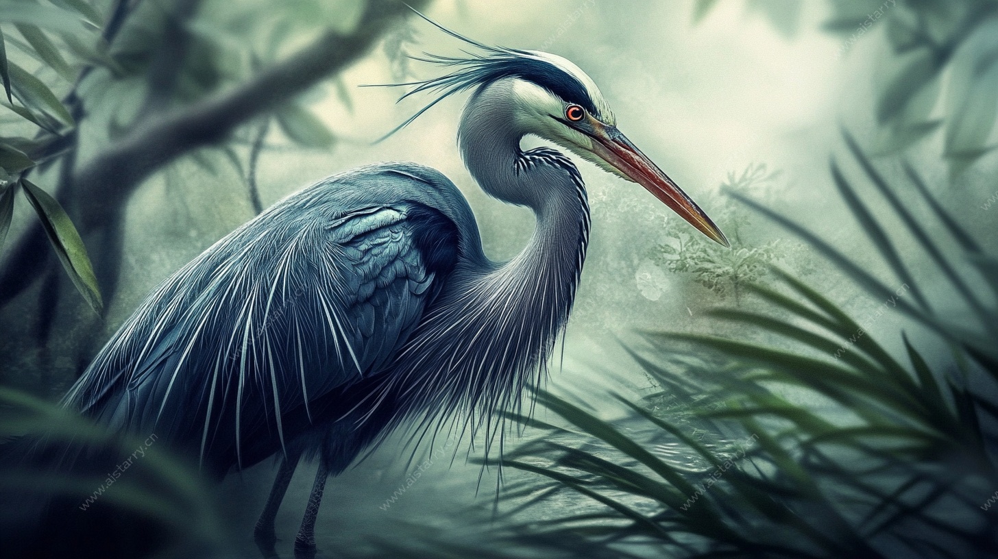 蓝鹭栖于幽森绿植间