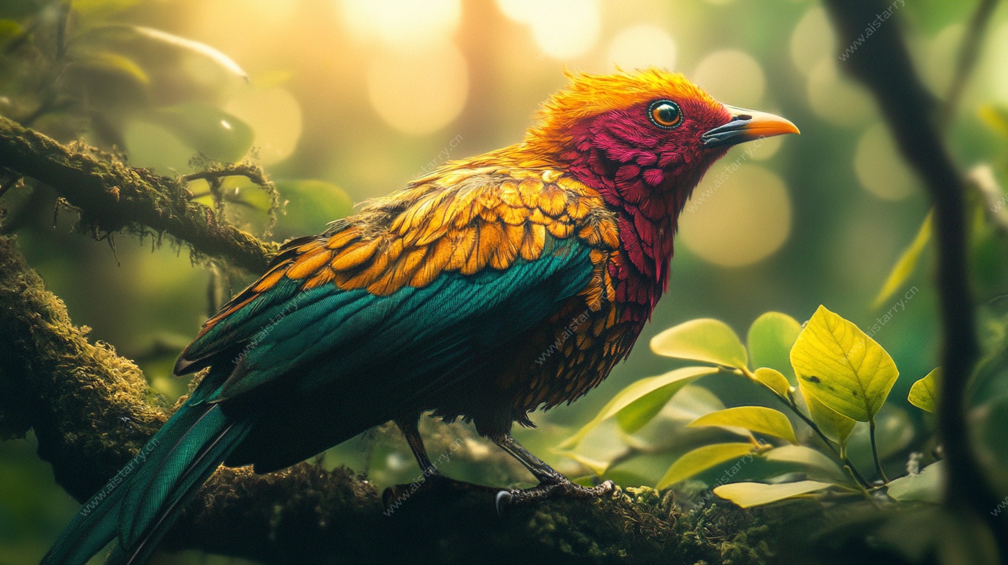 五彩斑斓鸟栖于翠绿枝头