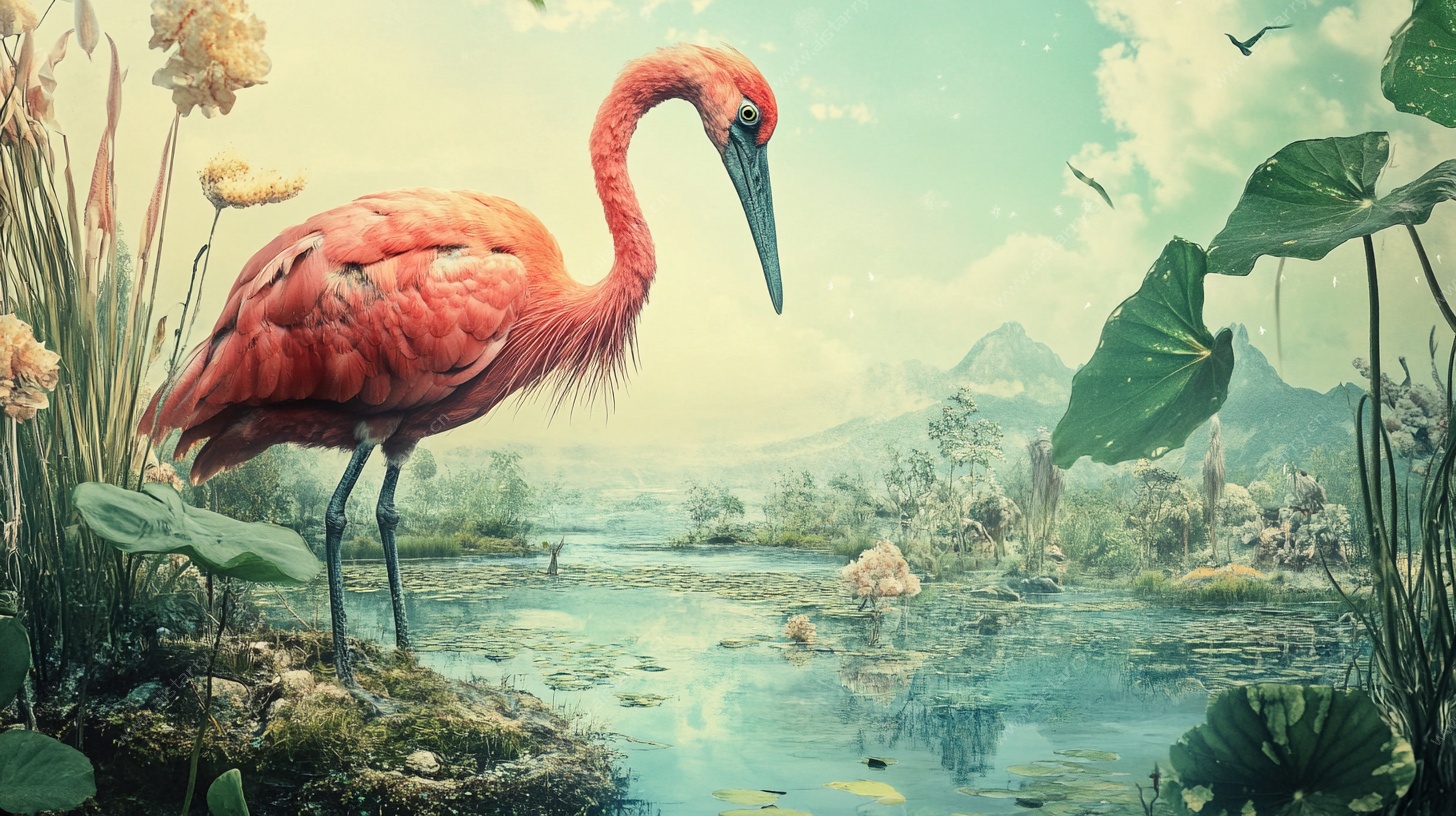 火烈鸟伫立湖畔梦幻图景