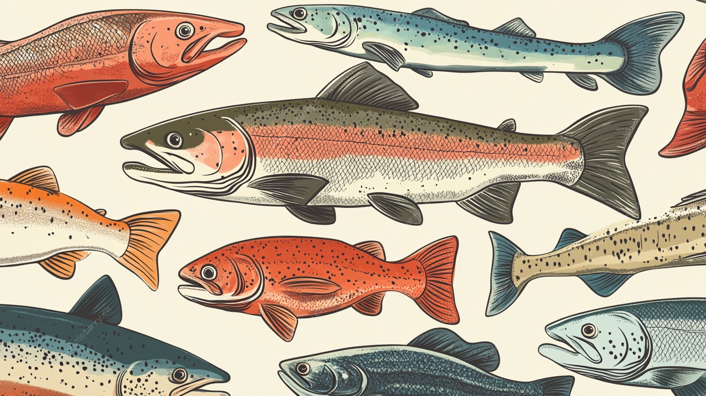 多彩鲑鱼群插画