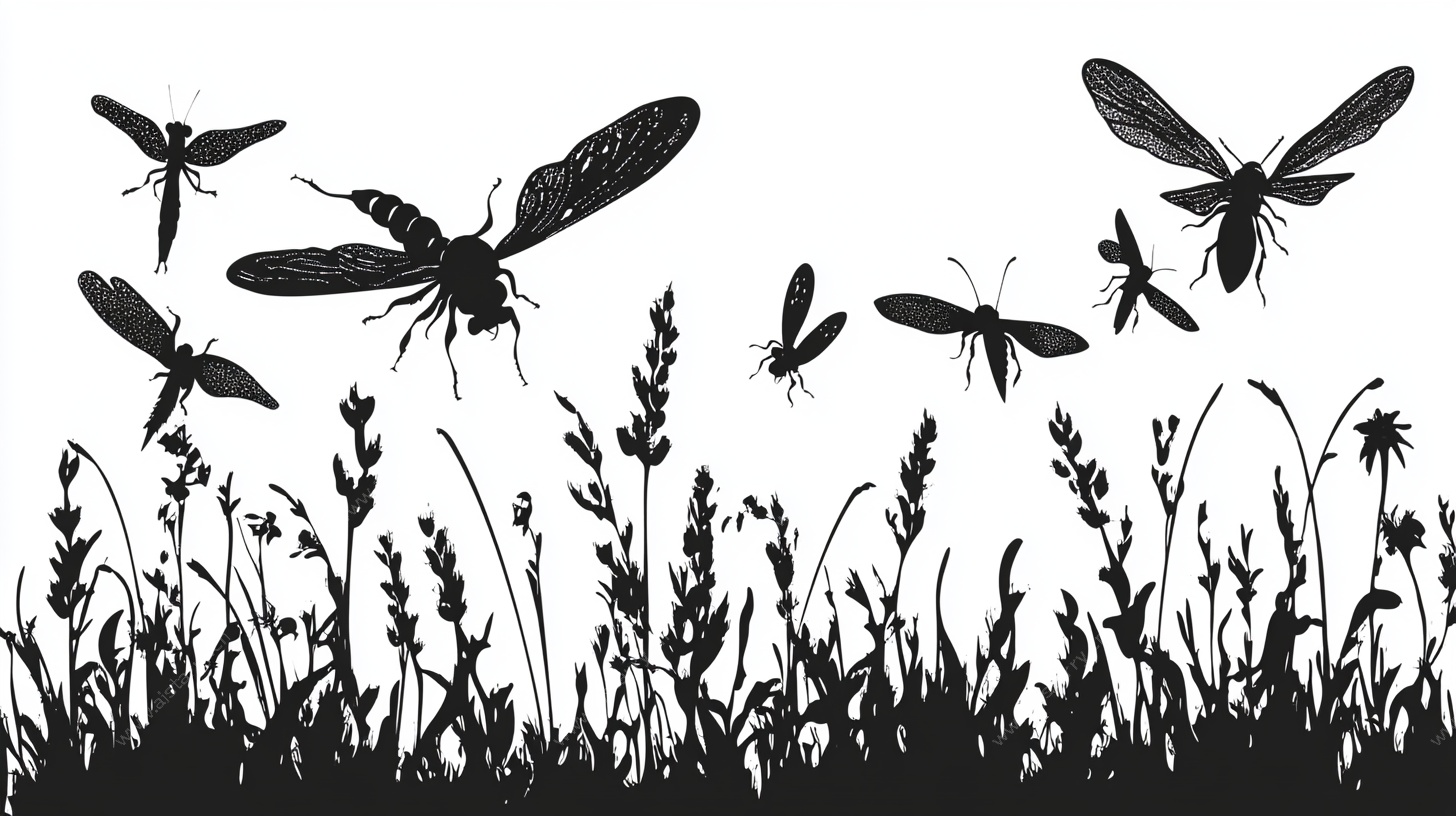 飞舞昆虫与草丛剪影