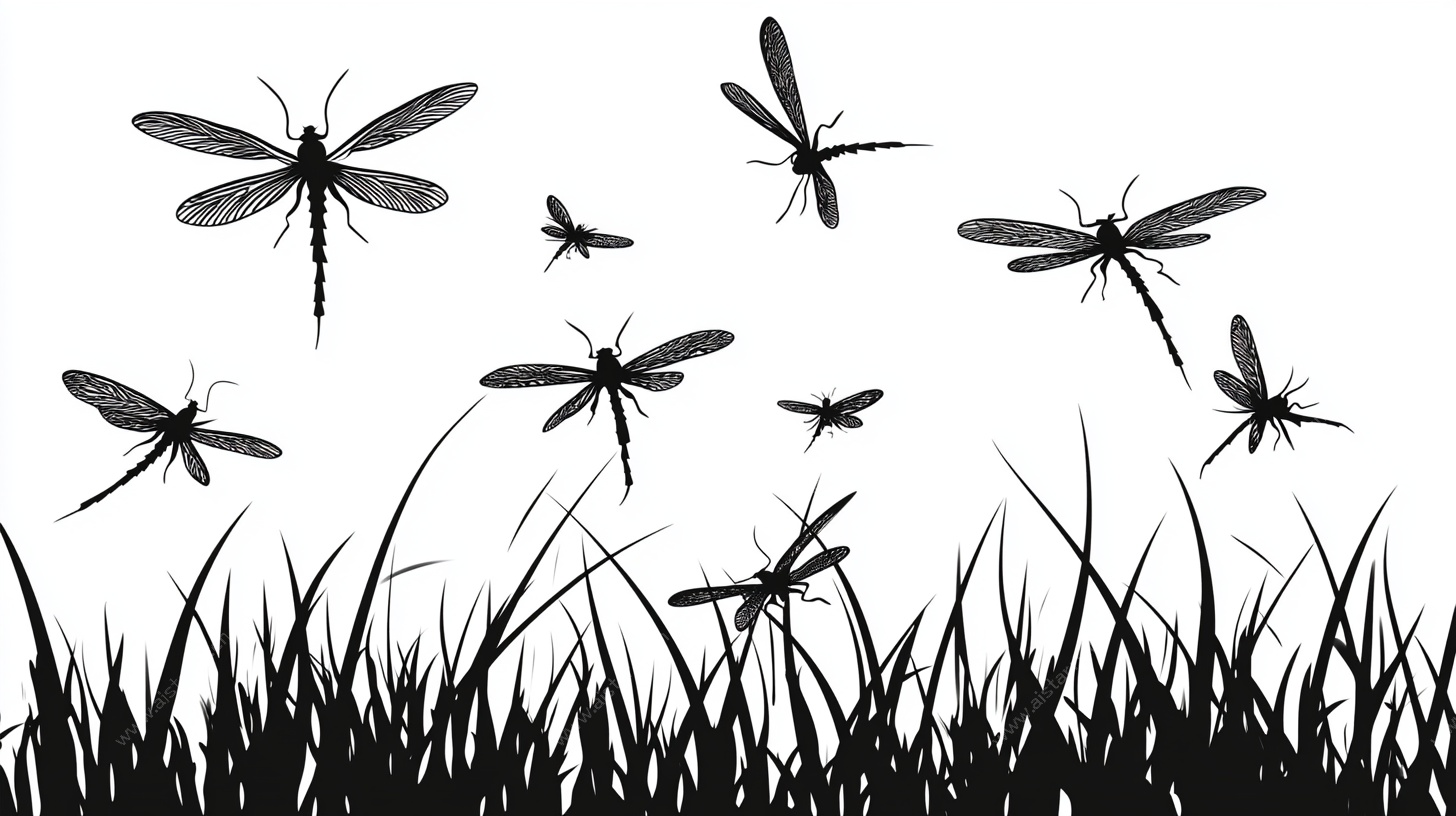 飞舞的蜻蜓与草地剪影