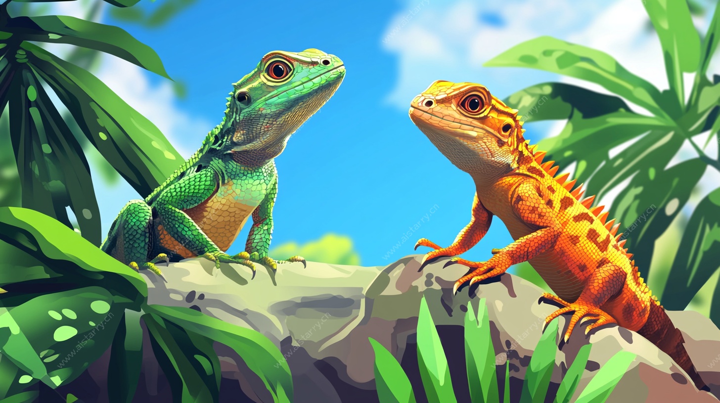 两只蜥蜴的丛林对视