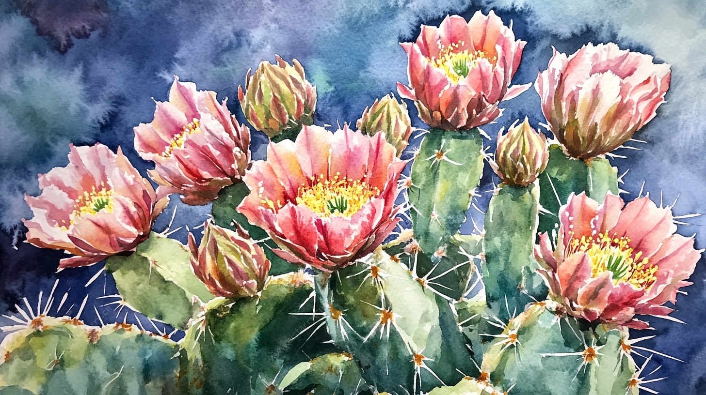 水彩绽放的仙人掌花朵