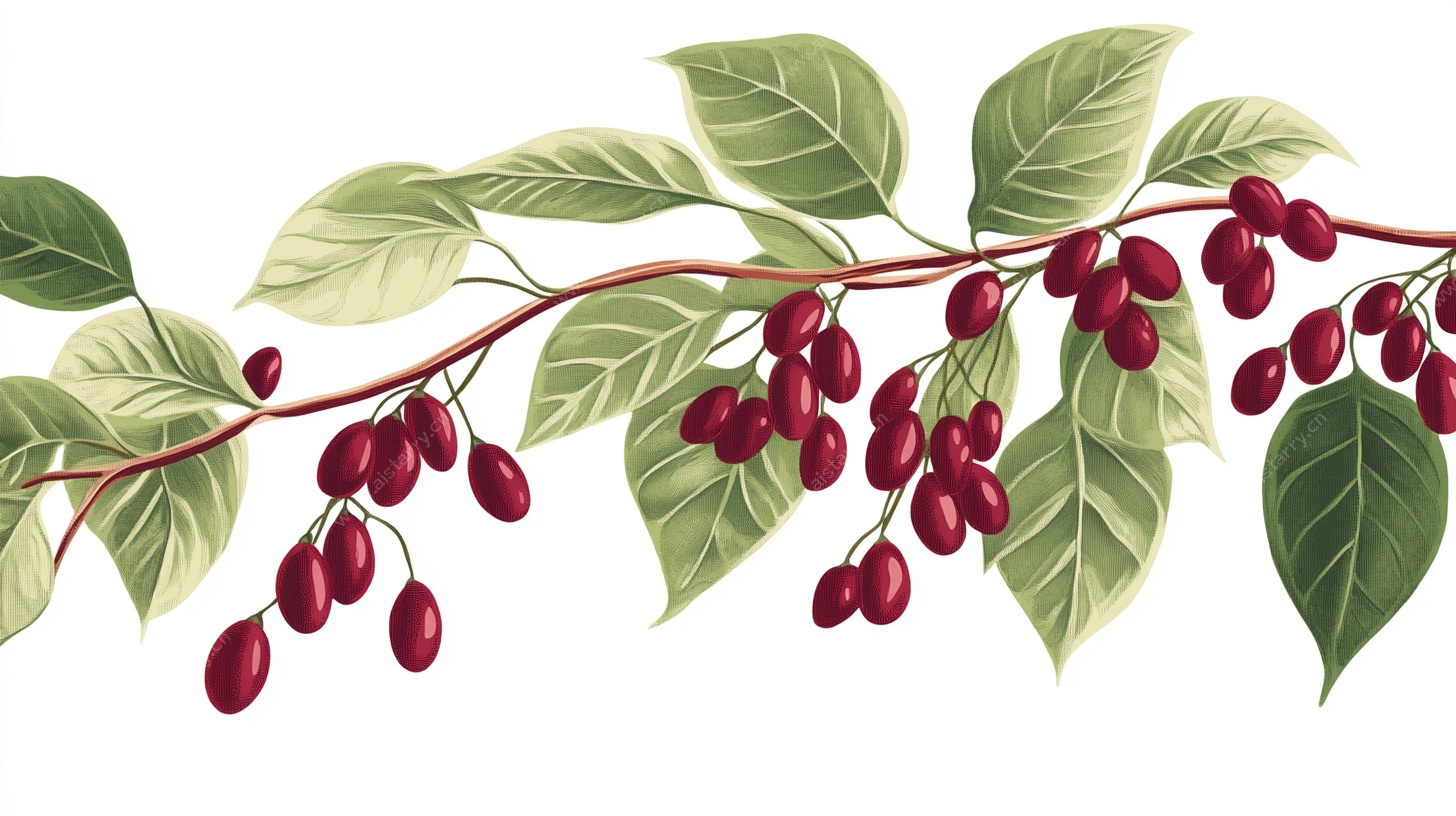 红果绿叶植物枝条插画