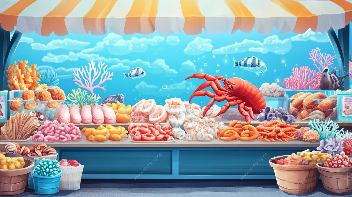 海洋风海鲜摊位插画