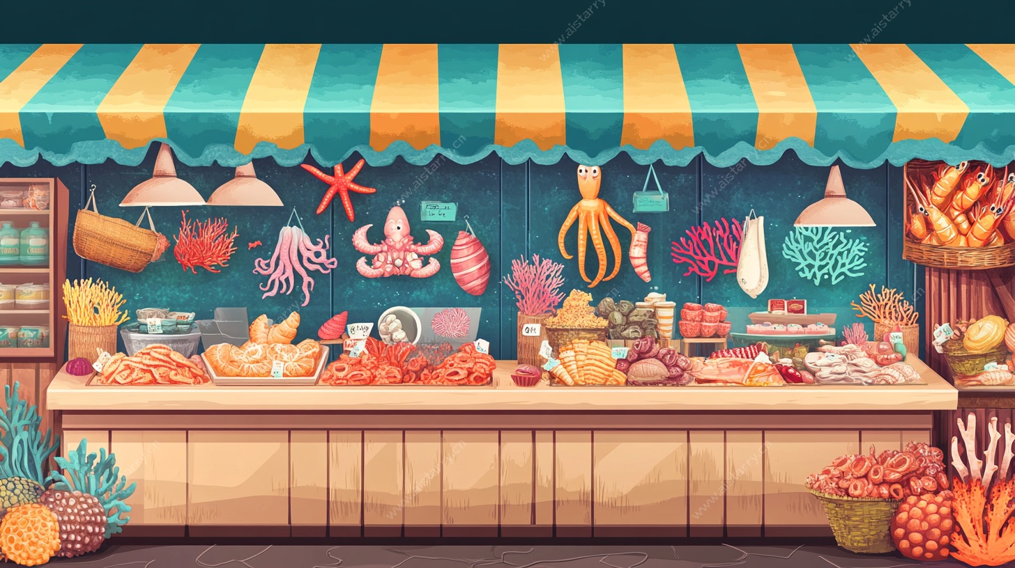 海洋主题海鲜摊位插画