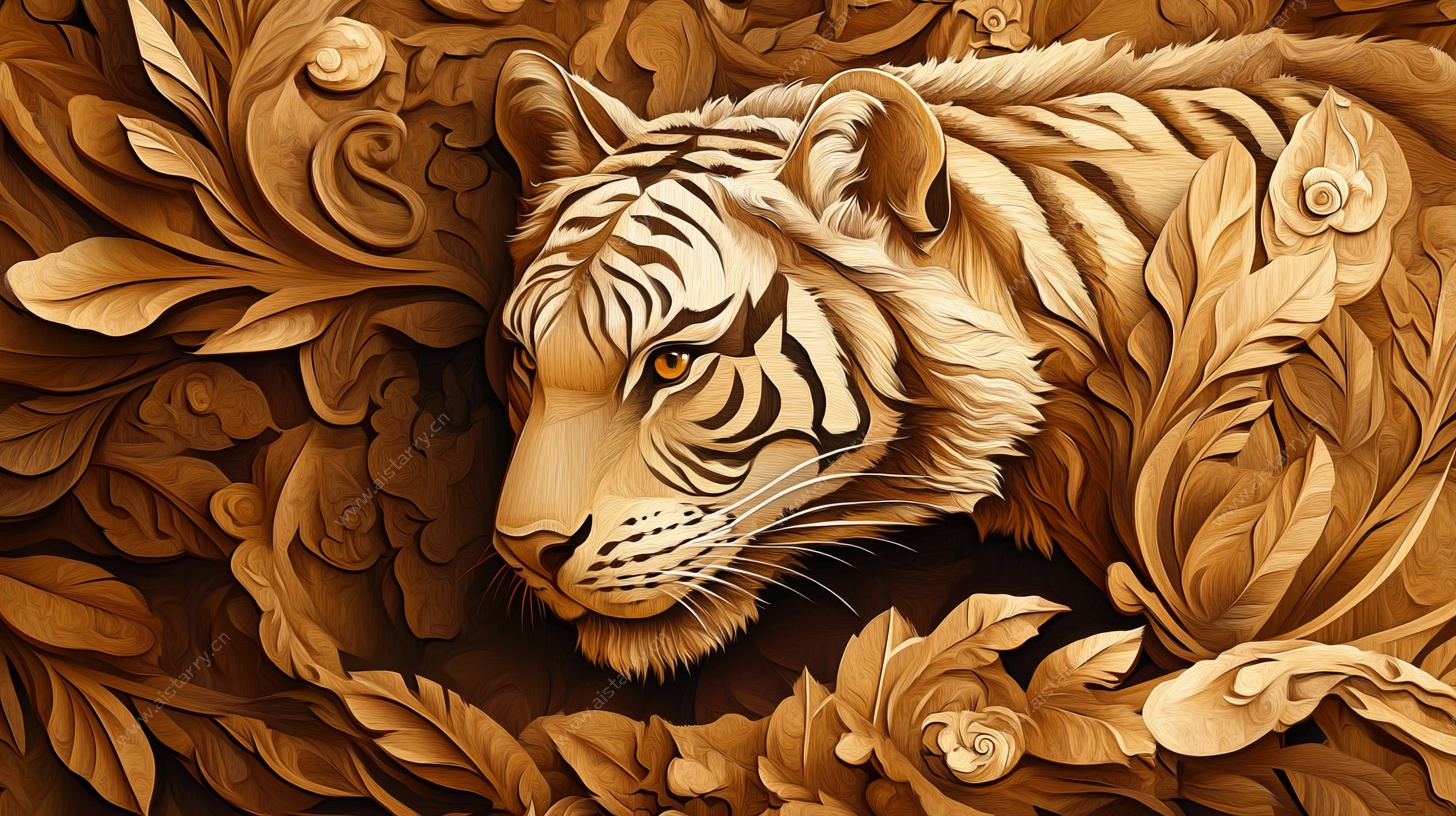木雕风格虎与花卉艺术图