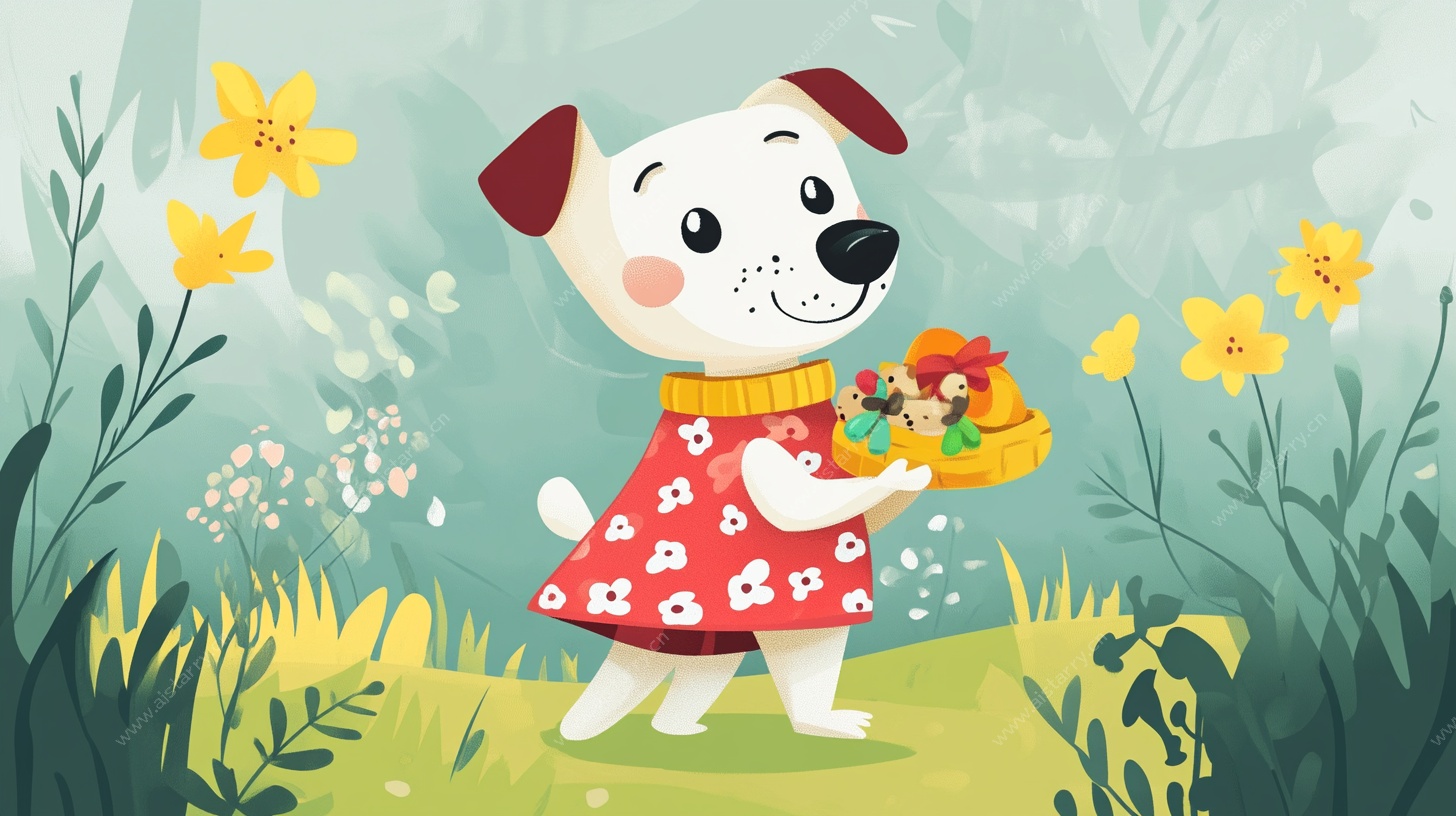 小狗春日送果篮插画