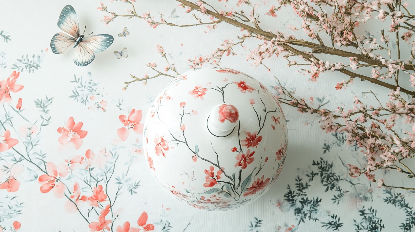 中式花卉瓷罐与蝴蝶静物