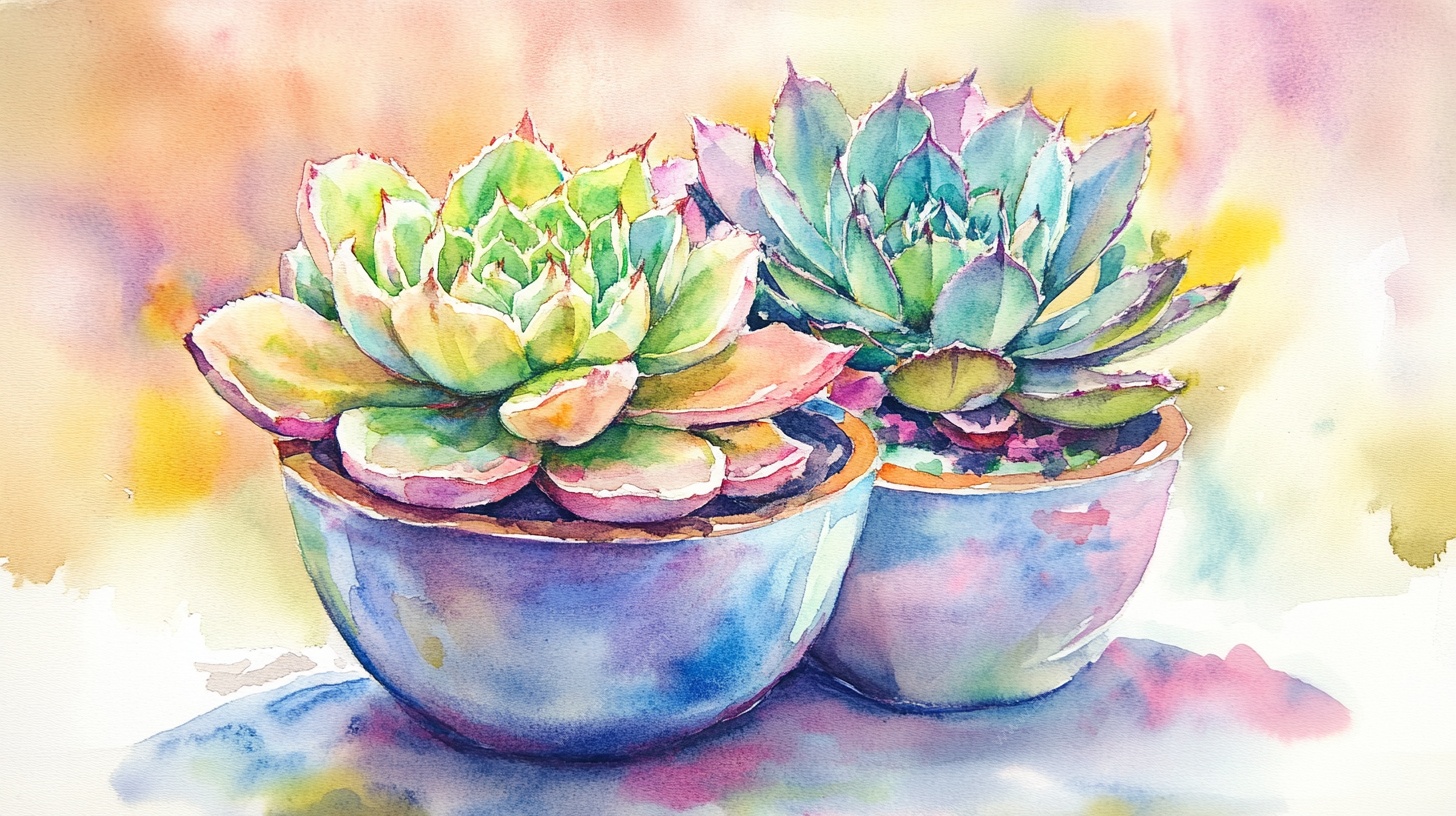 水彩多肉盆栽绘画作品