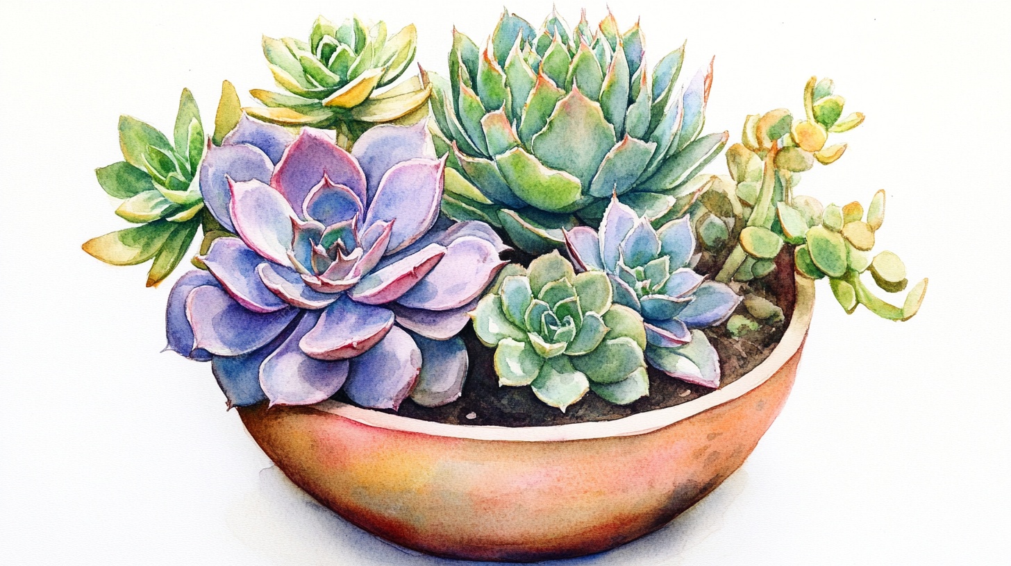 水彩风多肉盆栽插画