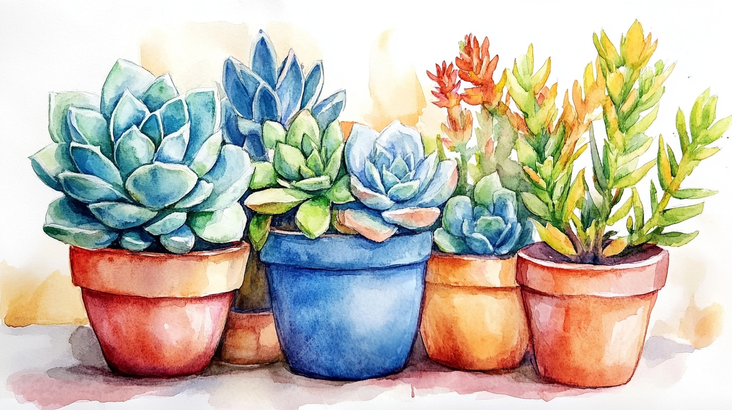 水彩绘多肉盆栽组合