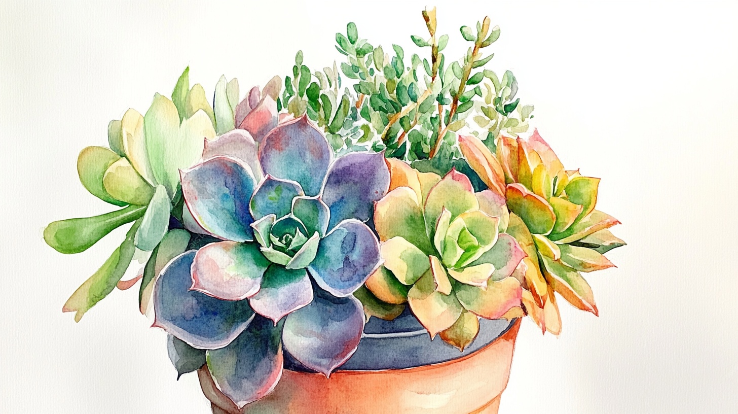 多彩多肉盆栽水彩画
