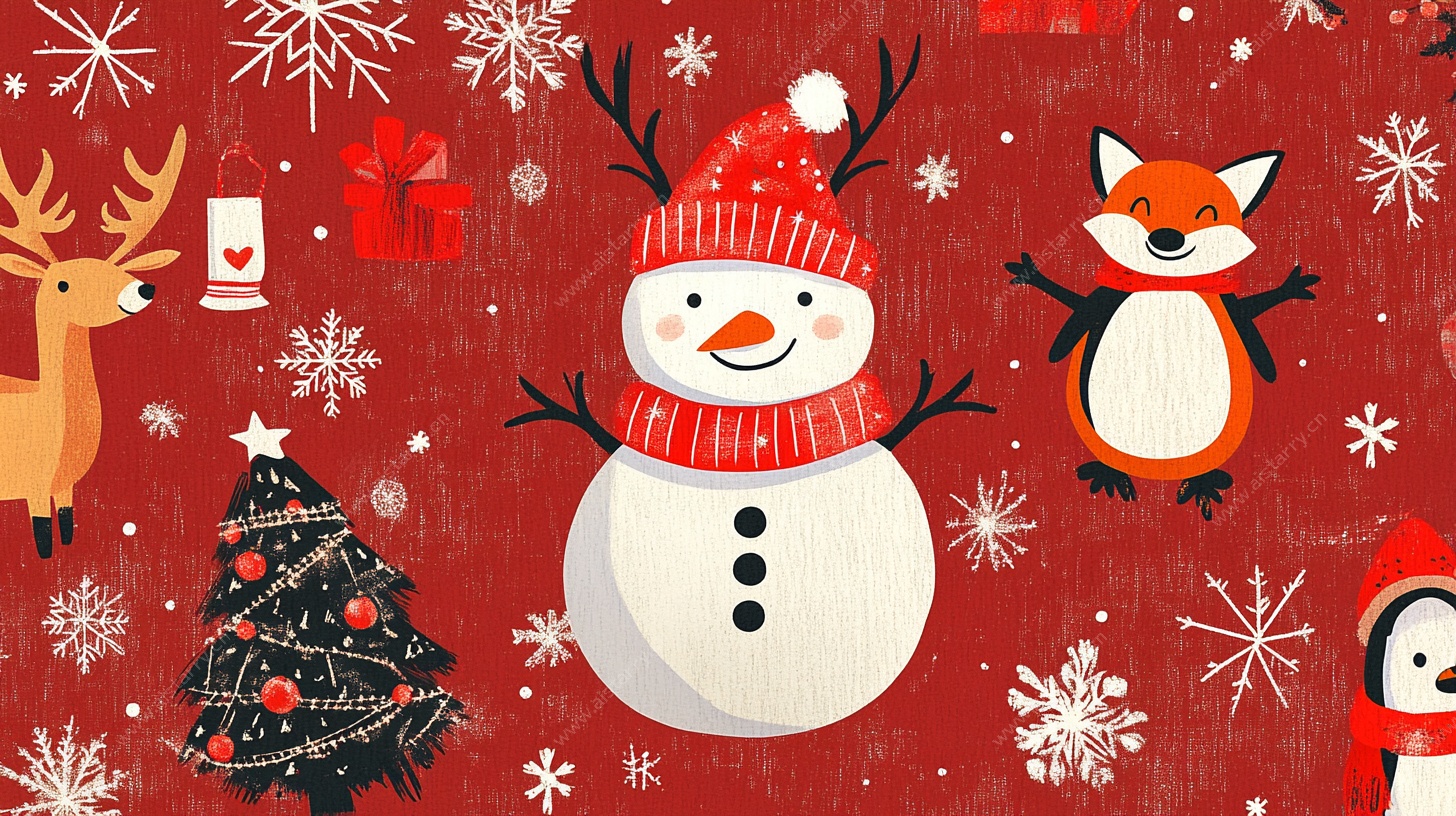 圣诞雪地动物欢乐插画