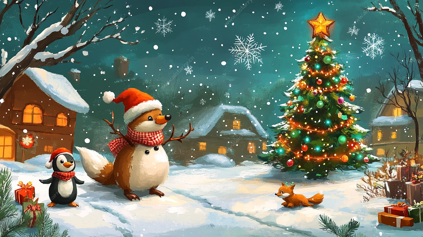冬日圣诞动物欢乐雪景图