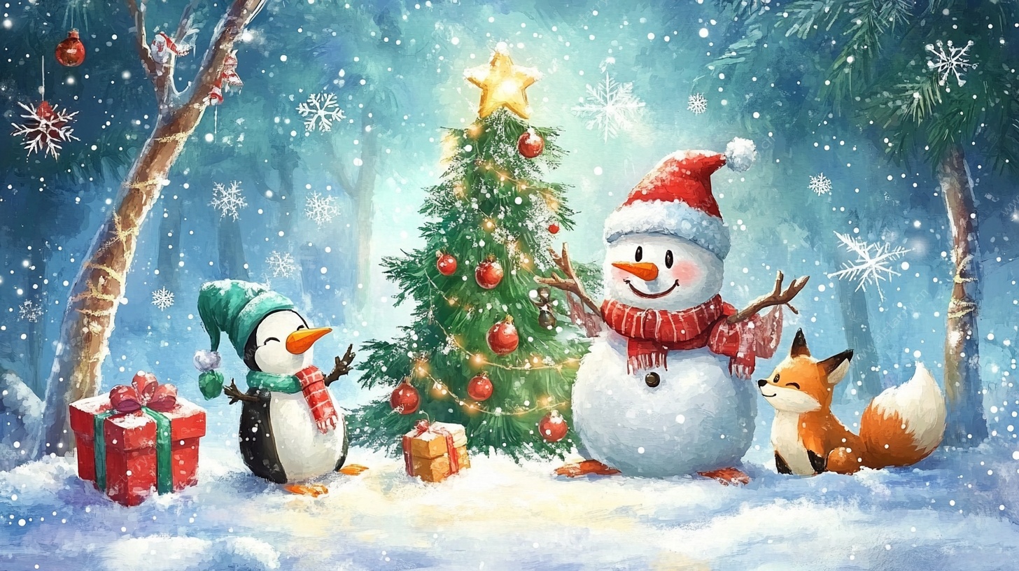 圣诞森林中的动物欢聚时刻