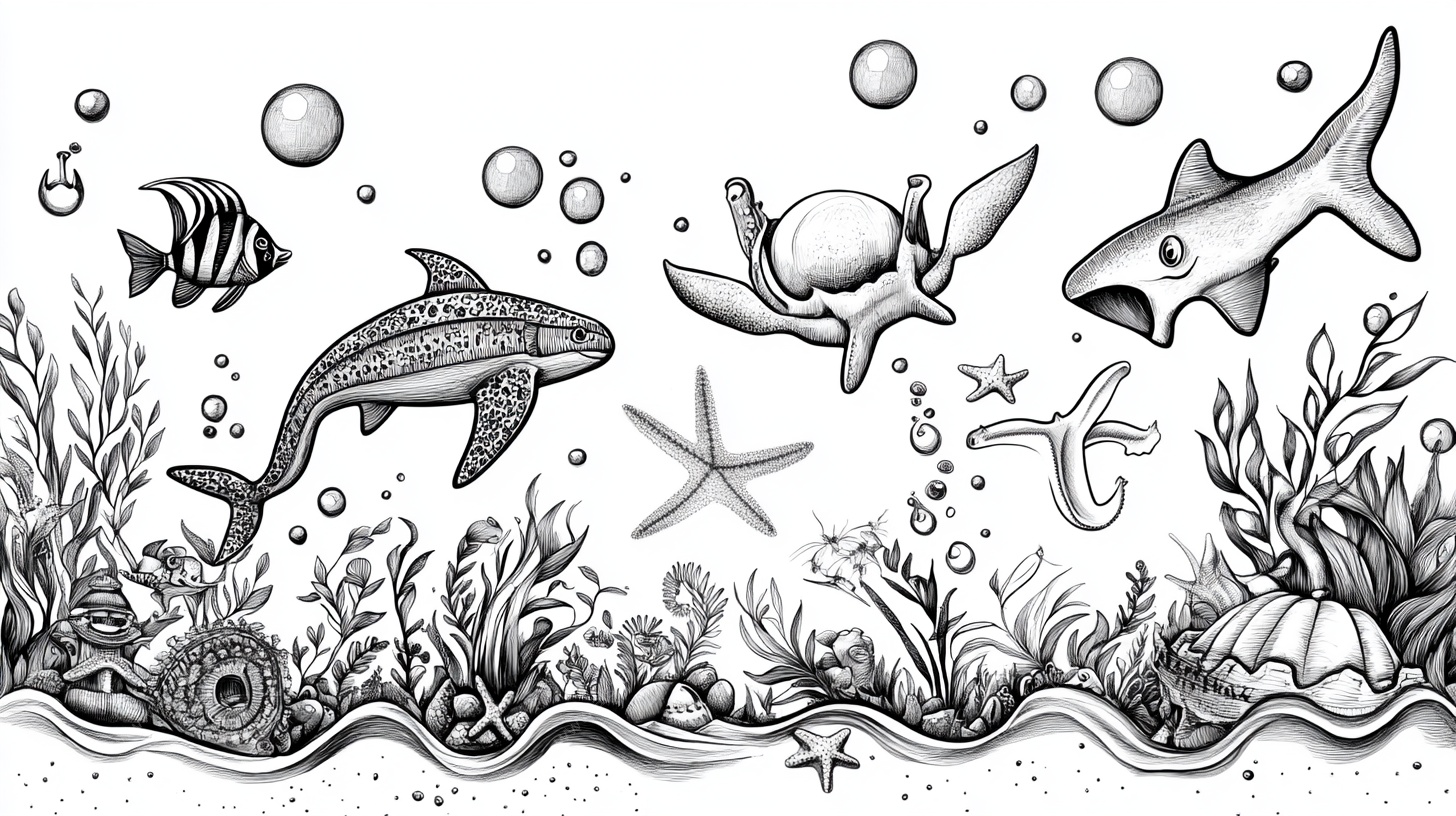 海底生物黑白插画