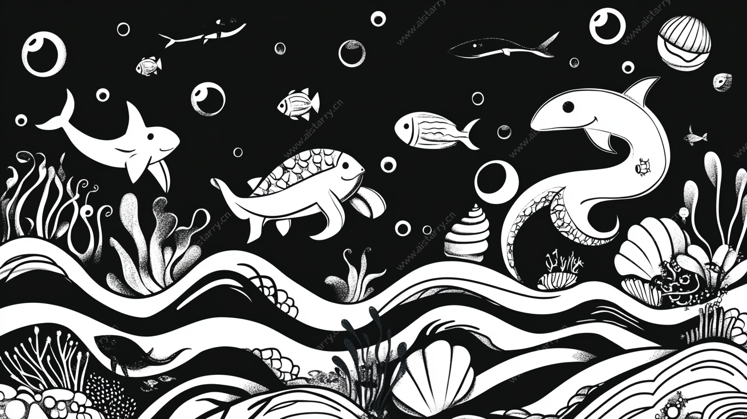 黑白海洋生物插画