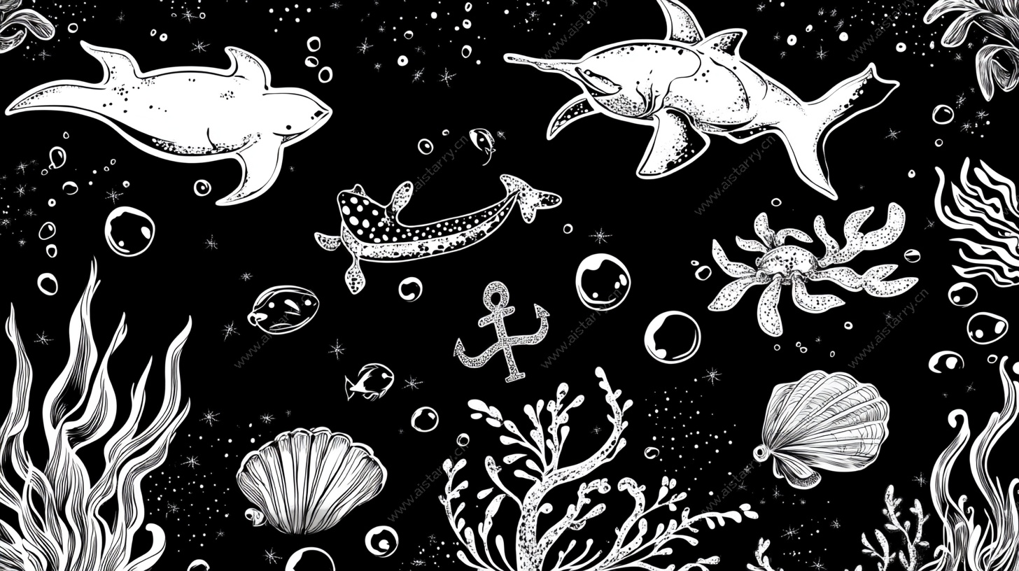 黑白海洋生物插画