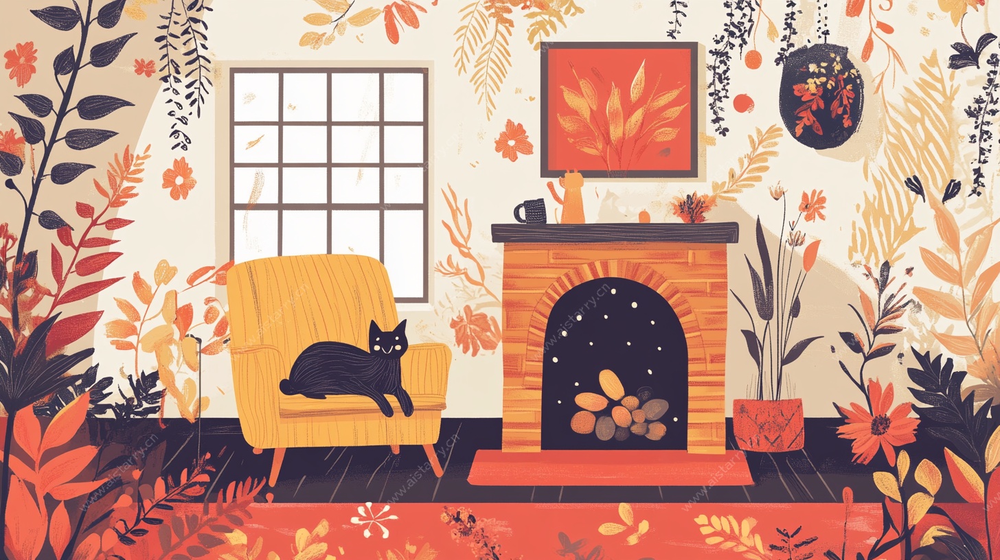 秋日温馨室内猫咪休憩场景