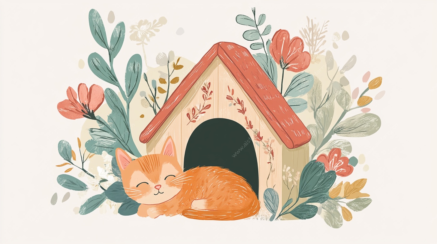 可爱猫咪在花卉环绕的窝中