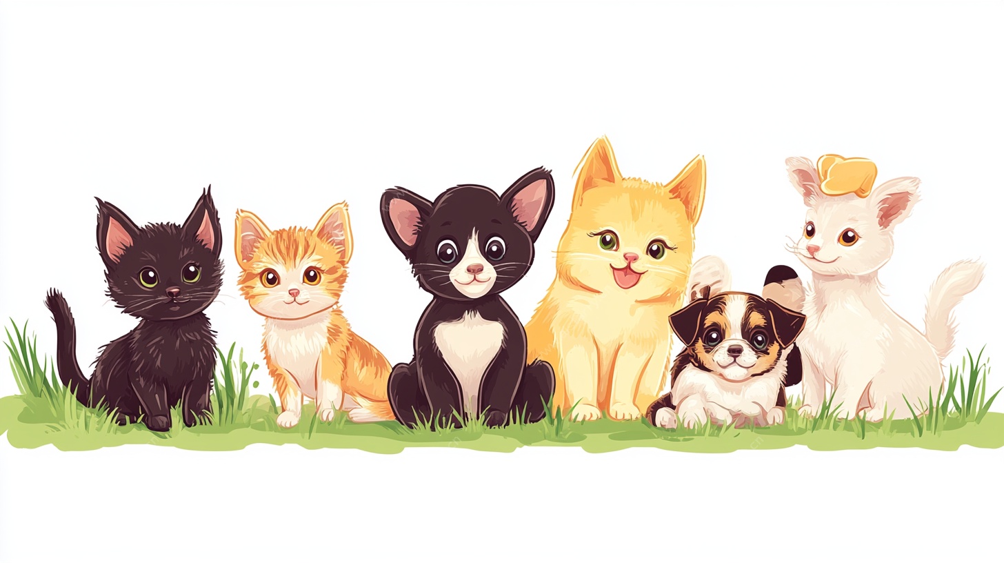 可爱猫狗的草地聚会