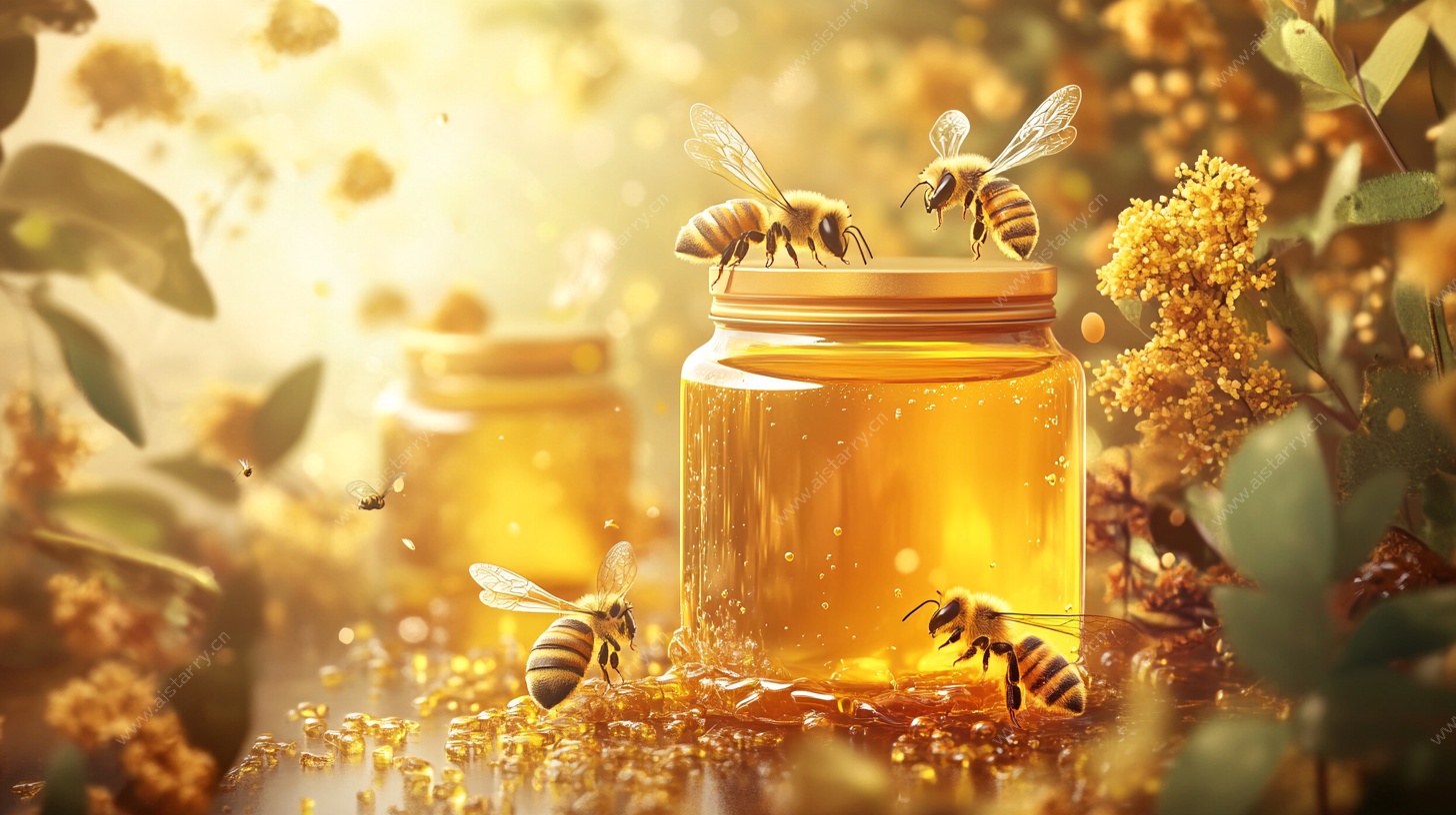 蜂蜜罐旁飞舞的勤劳蜜蜂